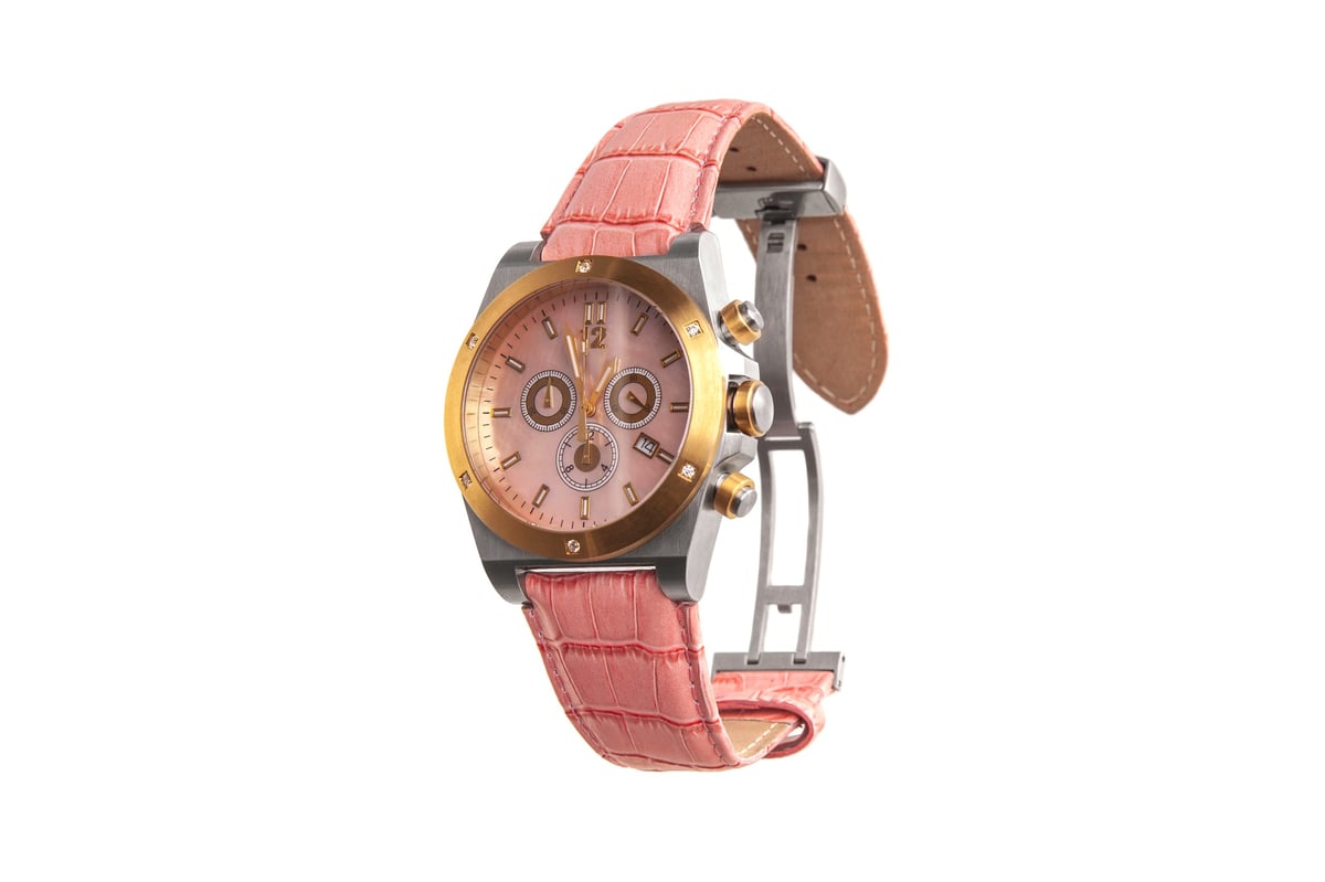 Luxury gold and gray chronograph with textured leather strap